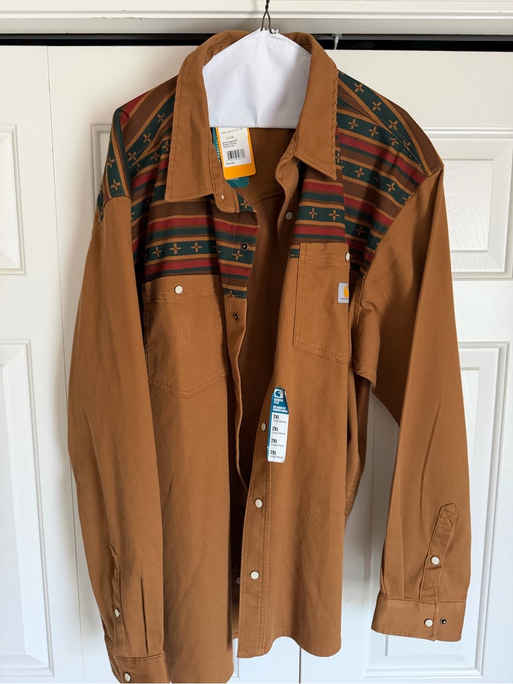 Carhartt Tan Work Shirt Jacket with Patterned Western Yoke